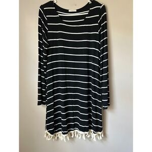 12PM by Mon Ami Black White Stripe Long Sleeve Tassel Hem Dress‎ M Boho Casual